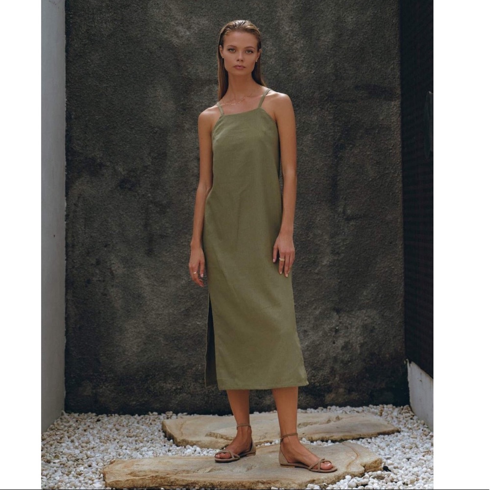 NWT AURA Linen Midi Dress in Olive